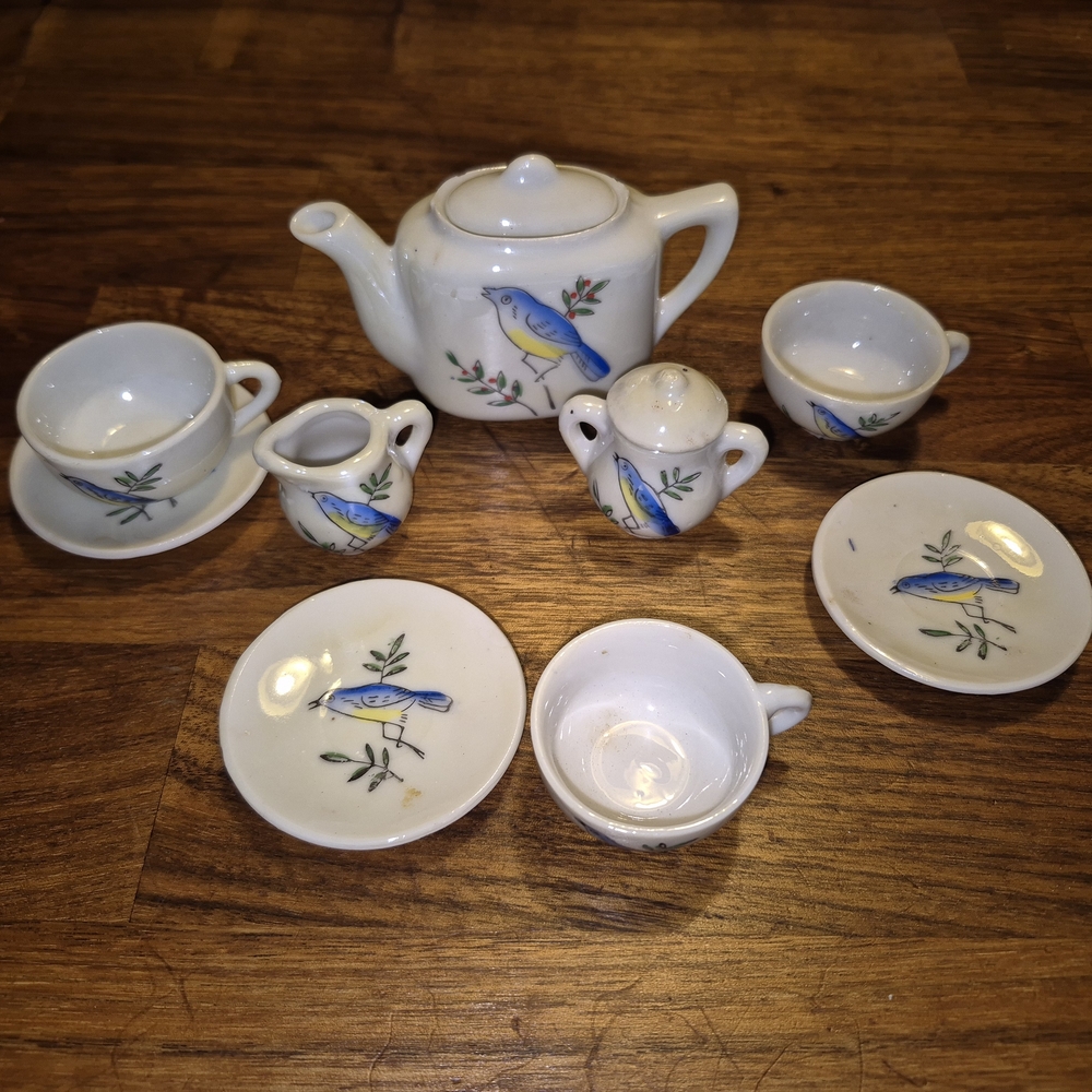 Complete Miniature Lustreware Tea Set with Blue Bird Design.  Made In Japan.
